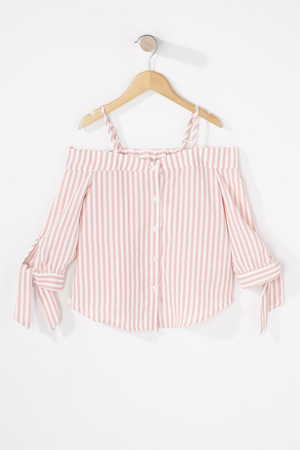 Kids Girls Cold Shoulder Button-Up Sleeve-Tie Blouse Light Pink