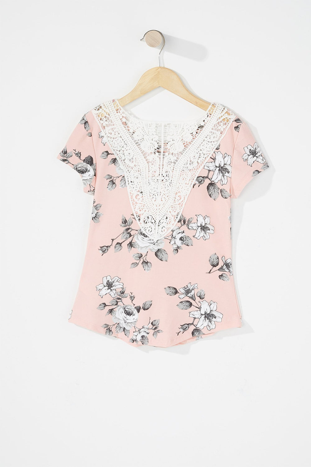 Kids Girls Crochet Back Caged Neck Floral T-Shirt Light Pink