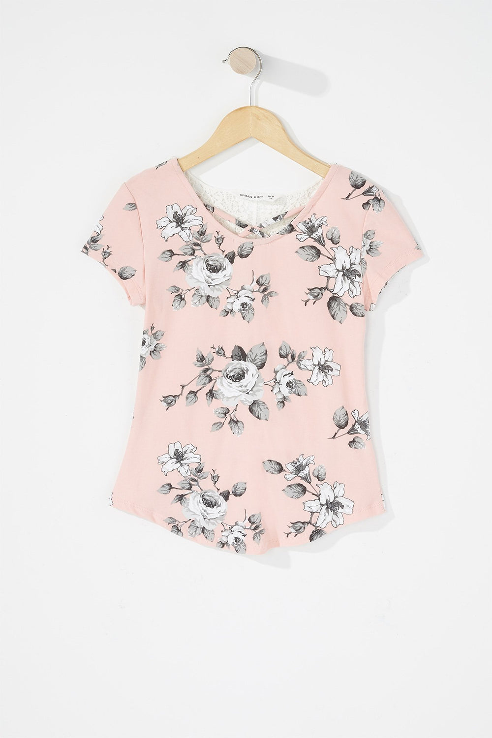 Kids Girls Crochet Back Caged Neck Floral T-Shirt Light Pink