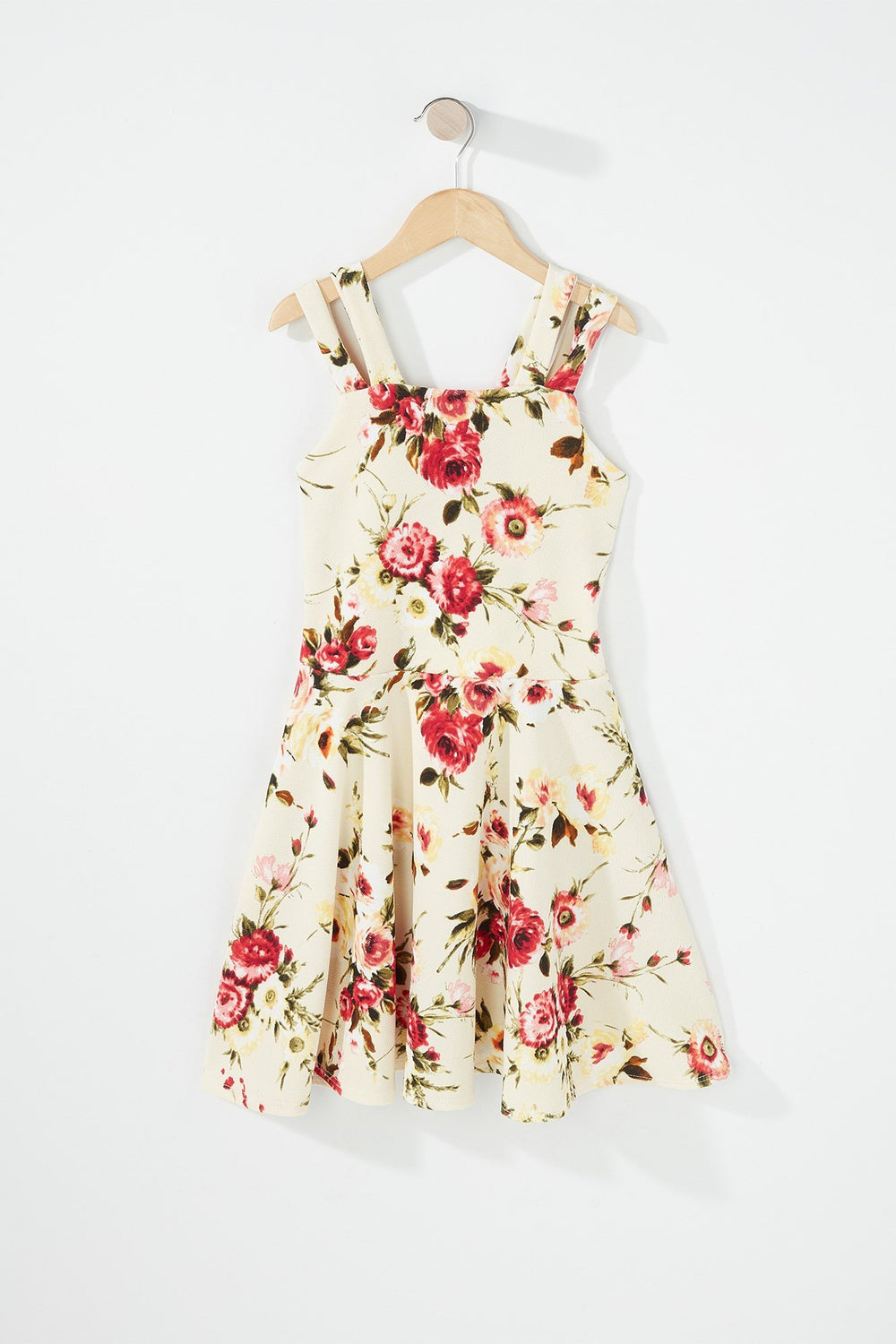 Kids Girls Dual Strap Floral Pleated Dress Light Pink
