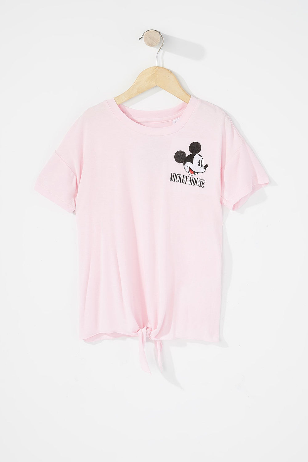Kids Girls Embroidered Mickey Mouse Front-Knot Graphic T-Shirt Light Pink