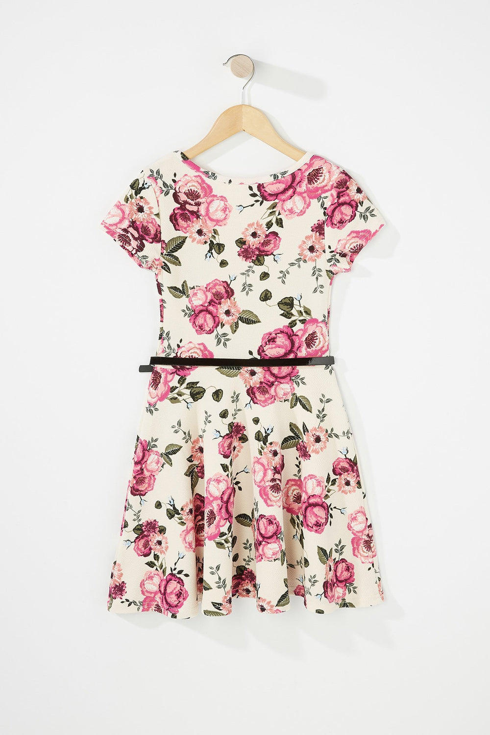 Kids Girls Floral Belted Pleated Dress Light Pink