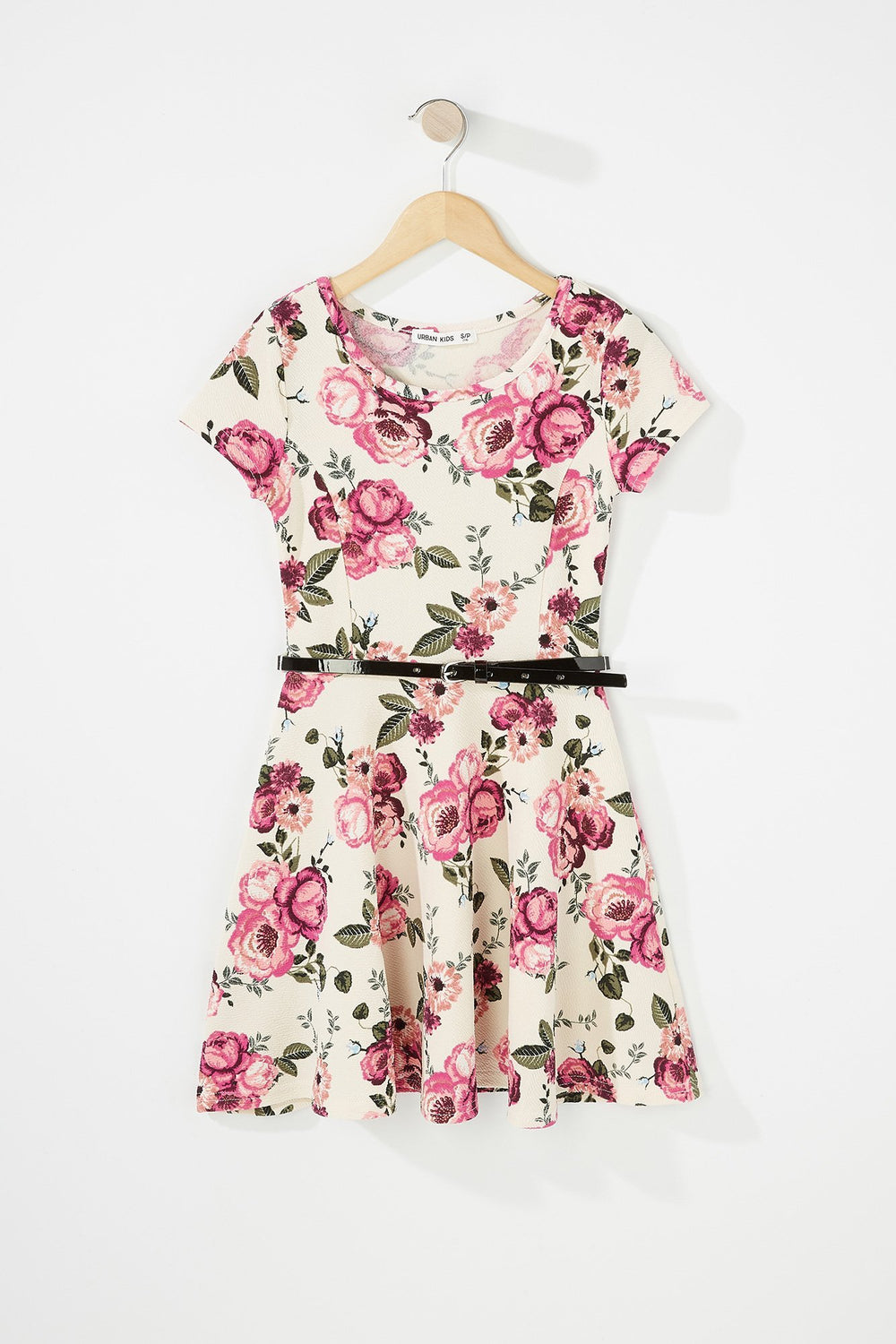 Kids Girls Floral Belted Pleated Dress Light Pink