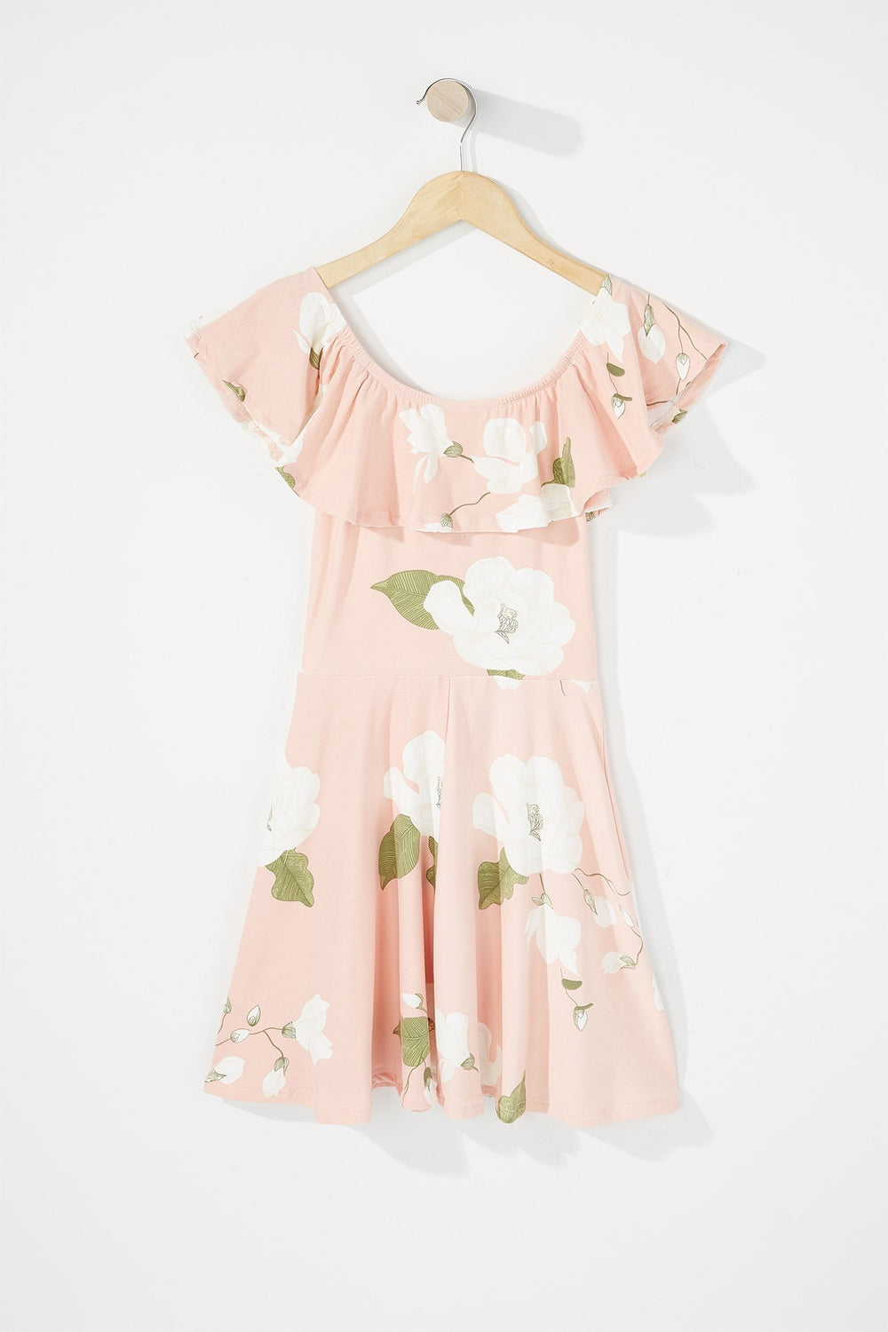 Kids Girls Floral Ruffle Off The Shoulder Pleated Dress Light Pink