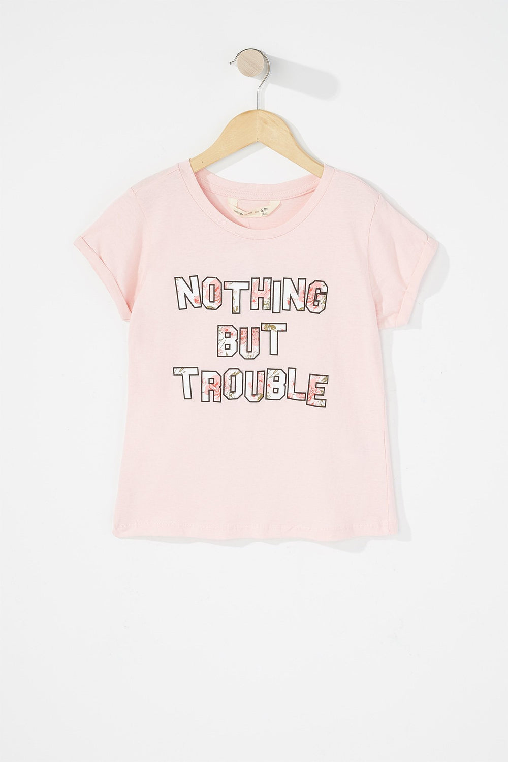 Kids Girls Nothing But Trouble Floral Graphic T-Shirt Light Pink