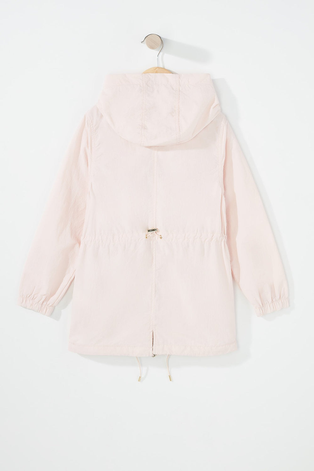 Kids Girls Nylon Drawstring Longline Hooded Windbreaker Light Pink