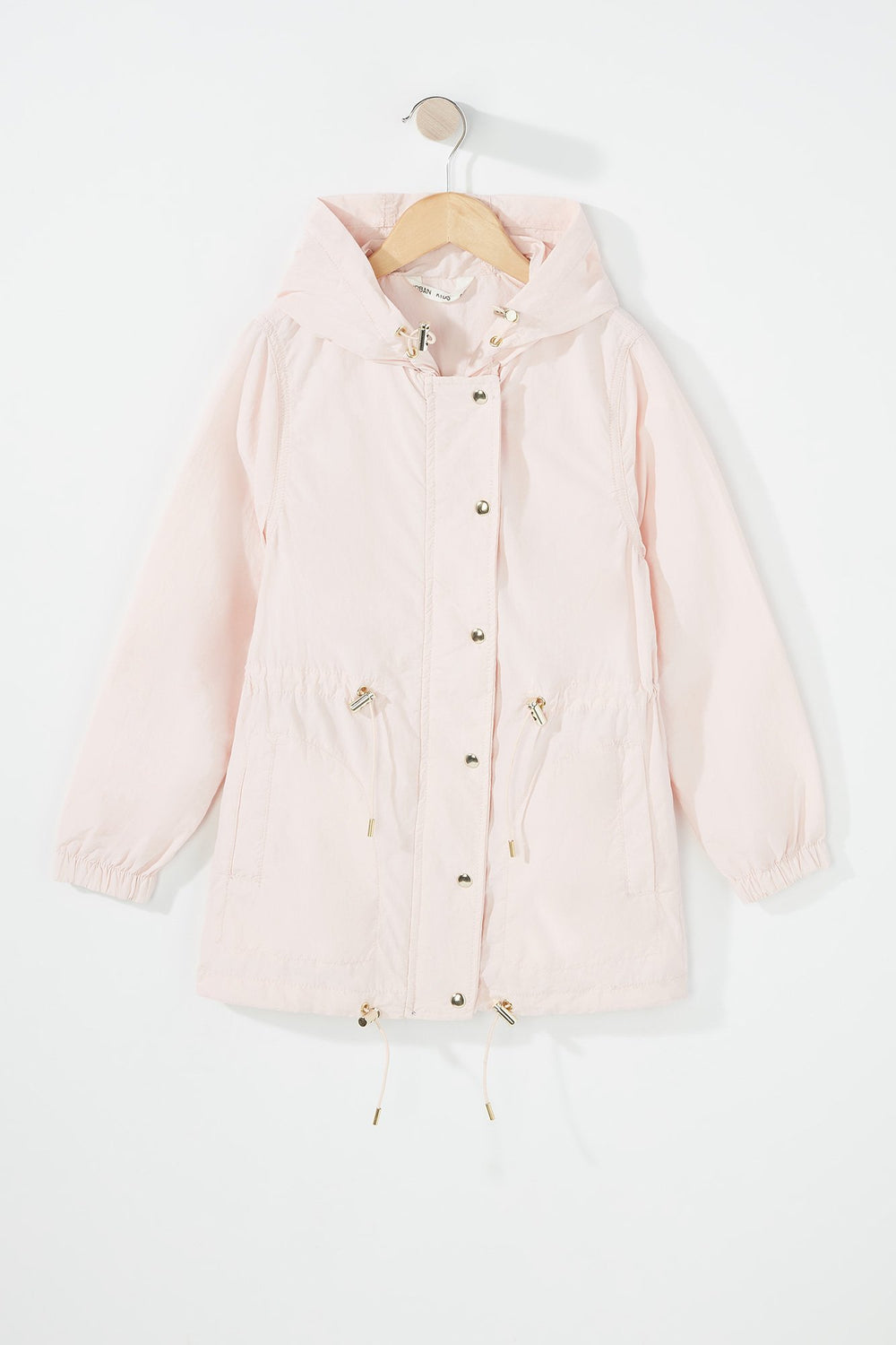Kids Girls Nylon Drawstring Longline Hooded Windbreaker Light Pink