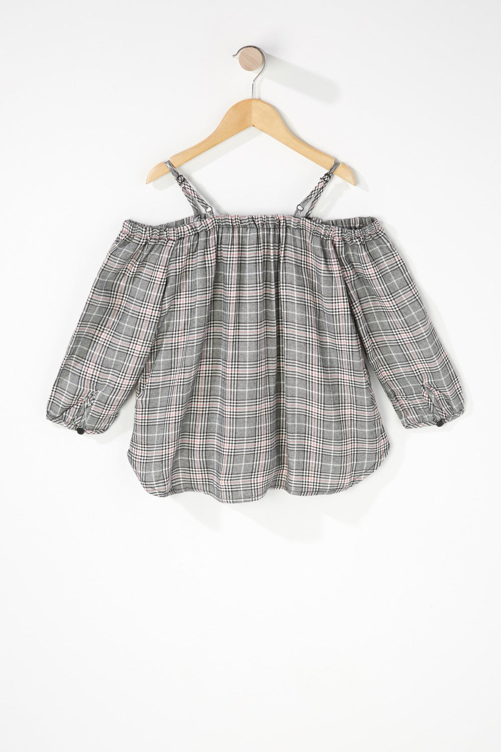 Kids Girls Off The Shoulder Self-Tie Front Knot Plaid Blouse Light Pink