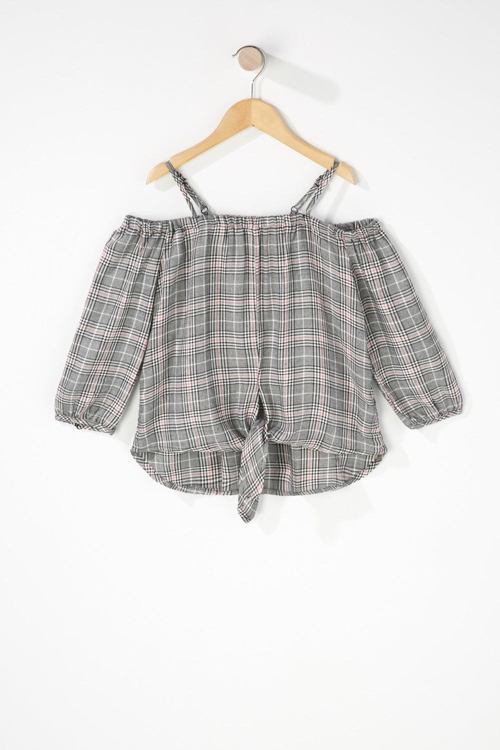 Kids Girls Off The Shoulder Self-Tie Front Knot Plaid Blouse Light Pink