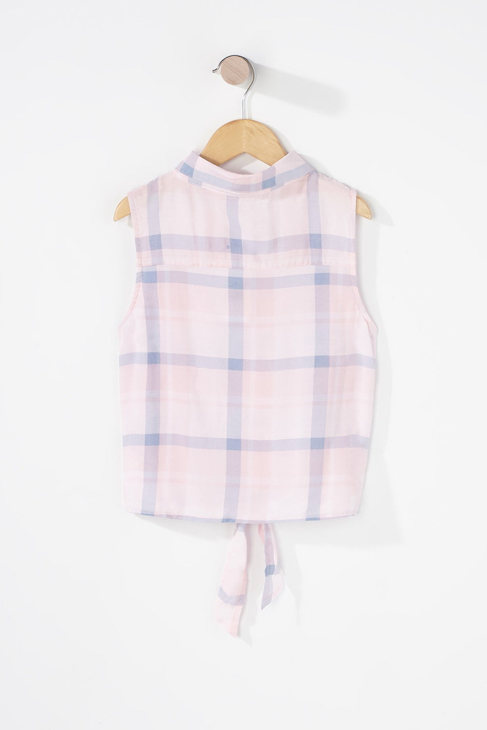 Kids Girls Printed Button-Up Self-Tie Collared Sleeveless Blouse Light Pink