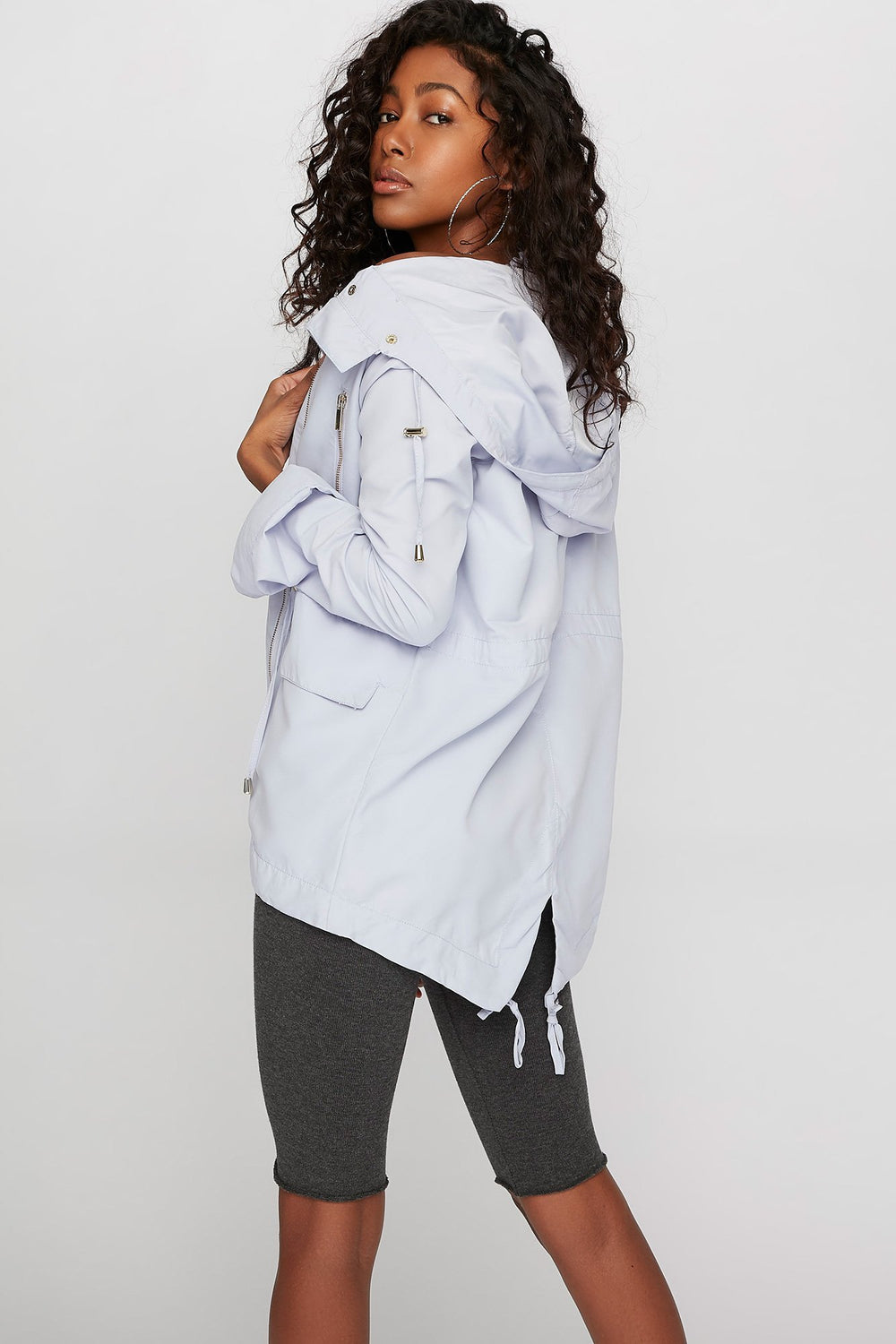 Women Microfiber Hooded Drawstring Anorak Jacket Lilac