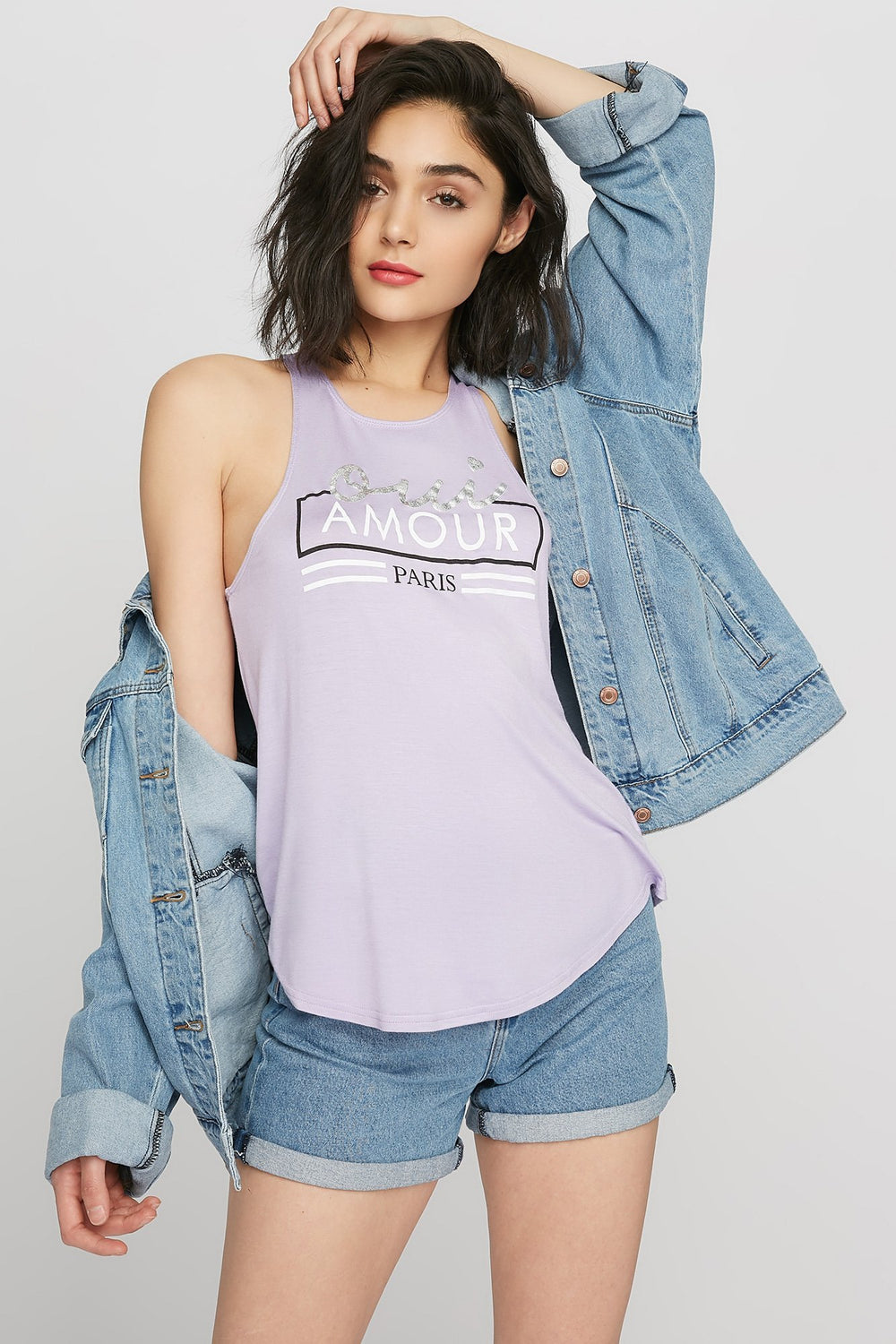 Women Oui Amour Paris Caged V-Neck Graphic Tank Lilac