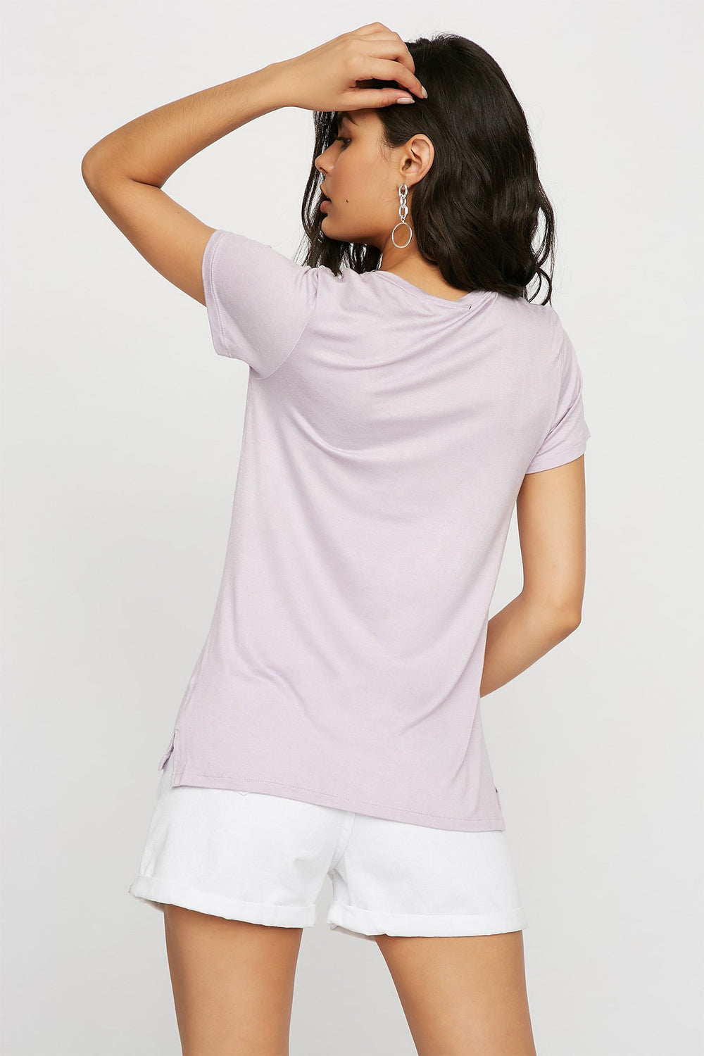 Women Scoop Neck Soft Pocket Coloured Basic T-Shirt Lilac