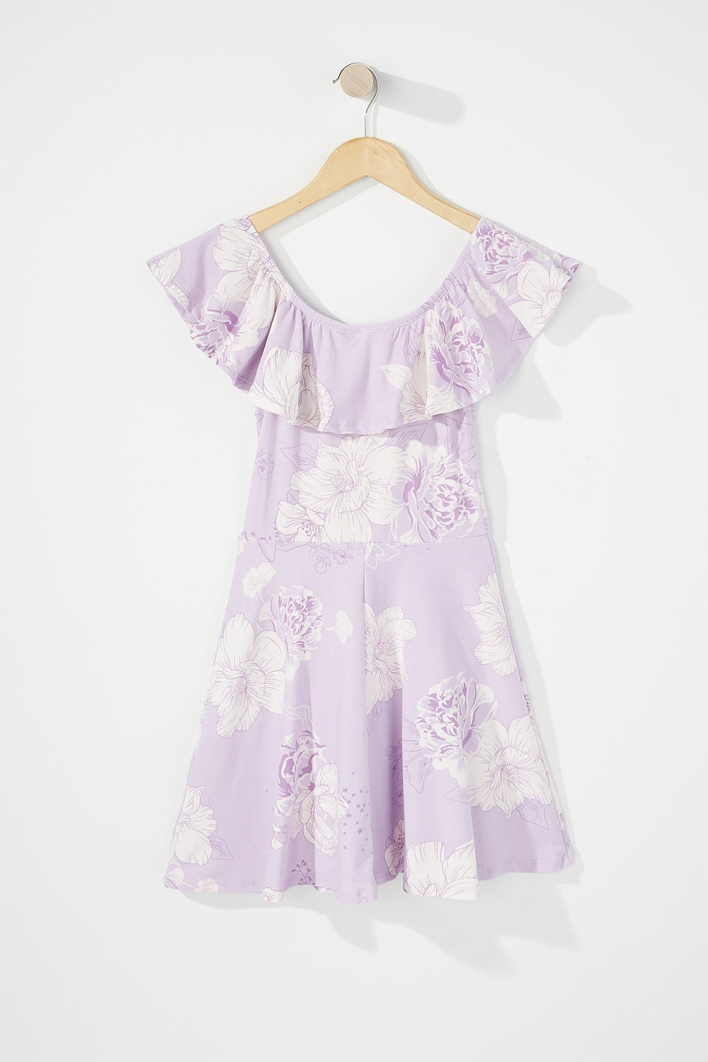 Kids Girls Floral Ruffle Off The Shoulder Pleated Dress Lilac