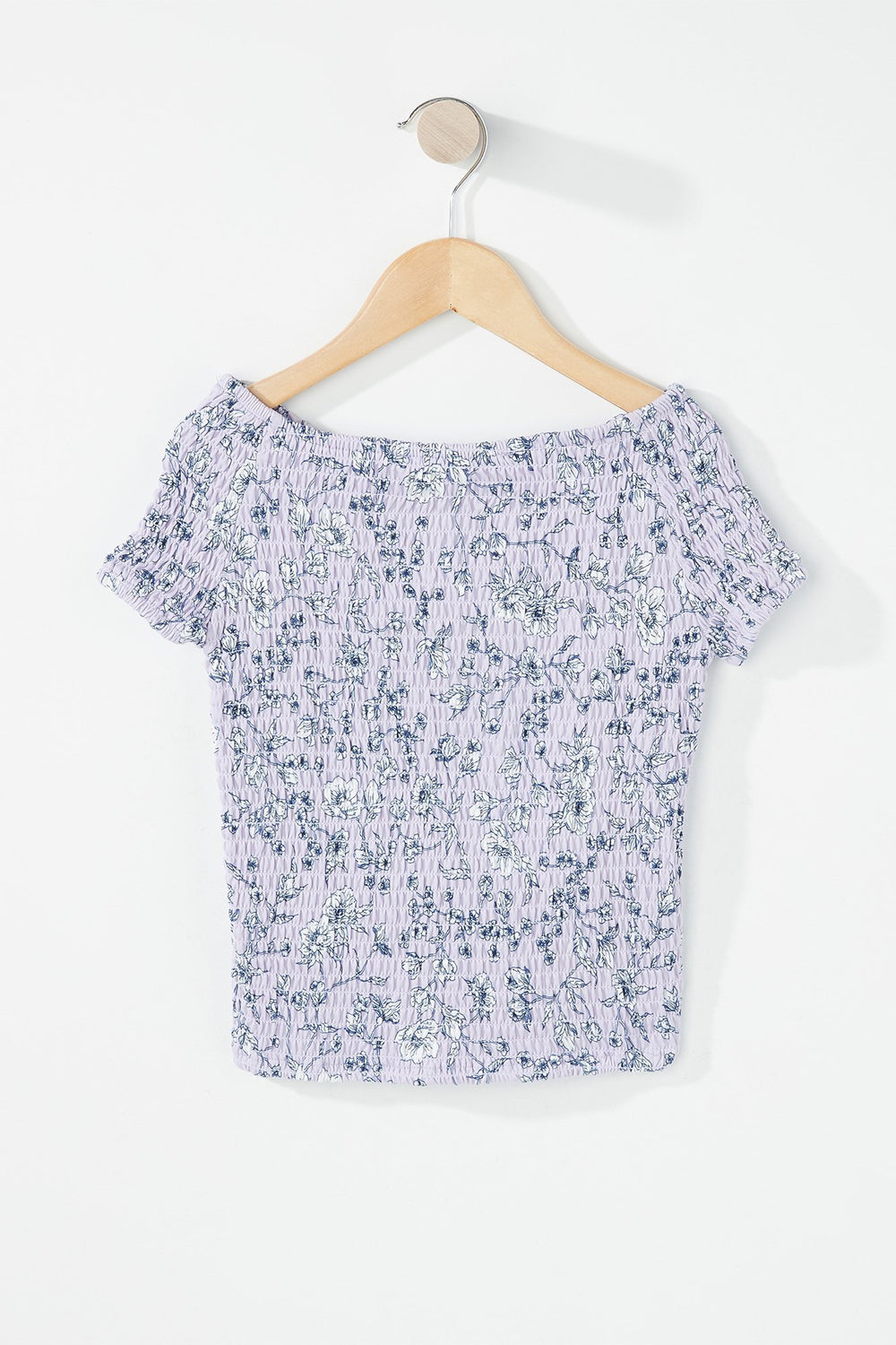 Kids Girls Off The Shoulder Smocked Floral T-Shirt Lilac