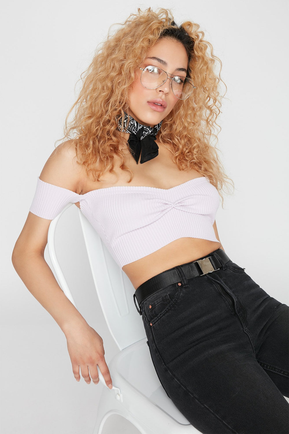 Women T-shirt court côtelé noué devant à épaules dénudées Lilas
