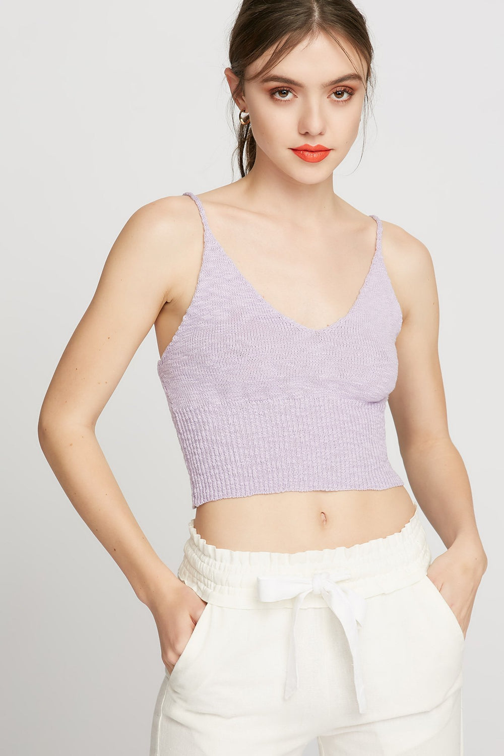 Women Camisole courte en tricot à encolure en V Lilas