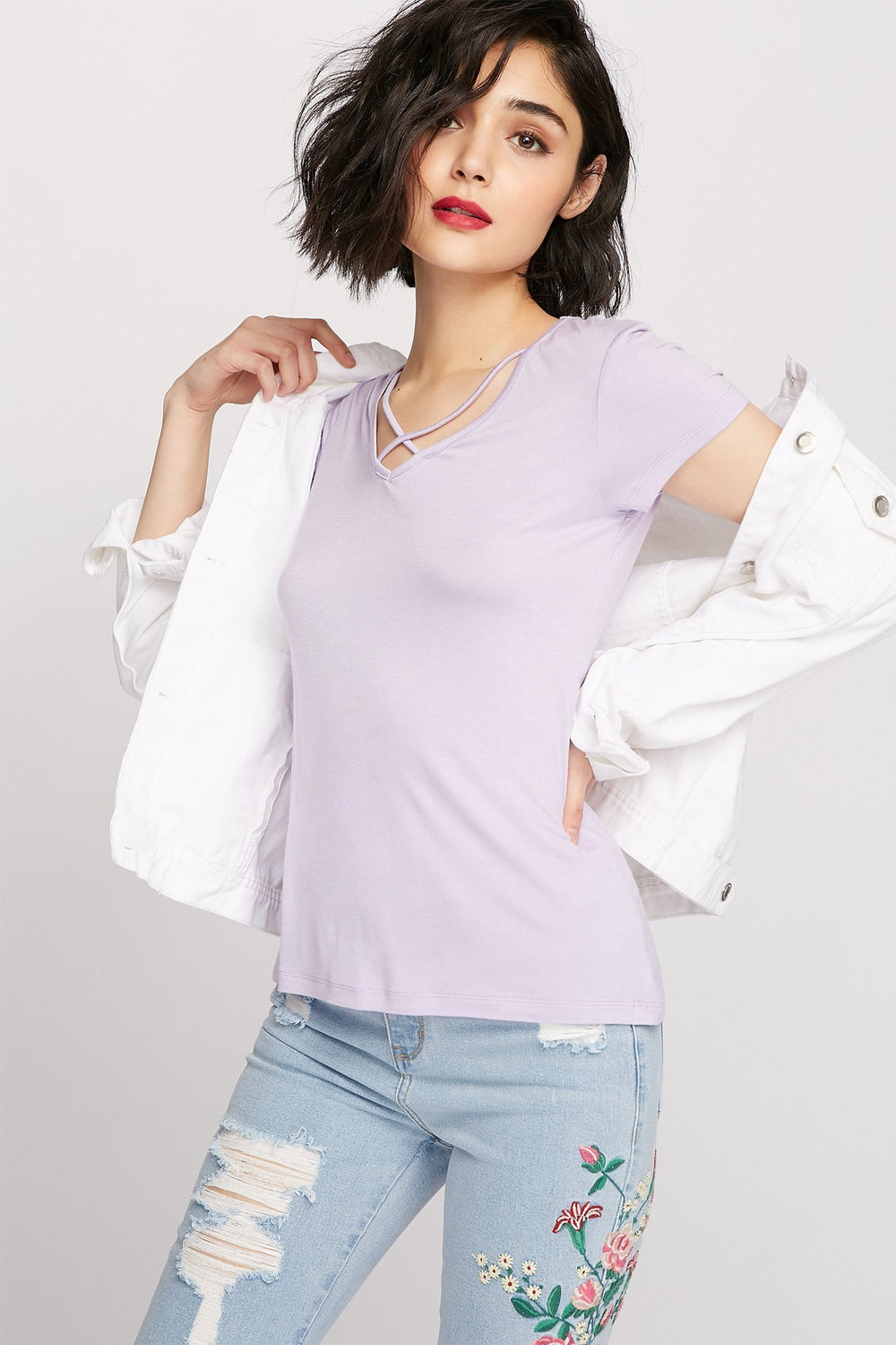 Women T-shirt à motif de cage et encolure arrondie Lilas