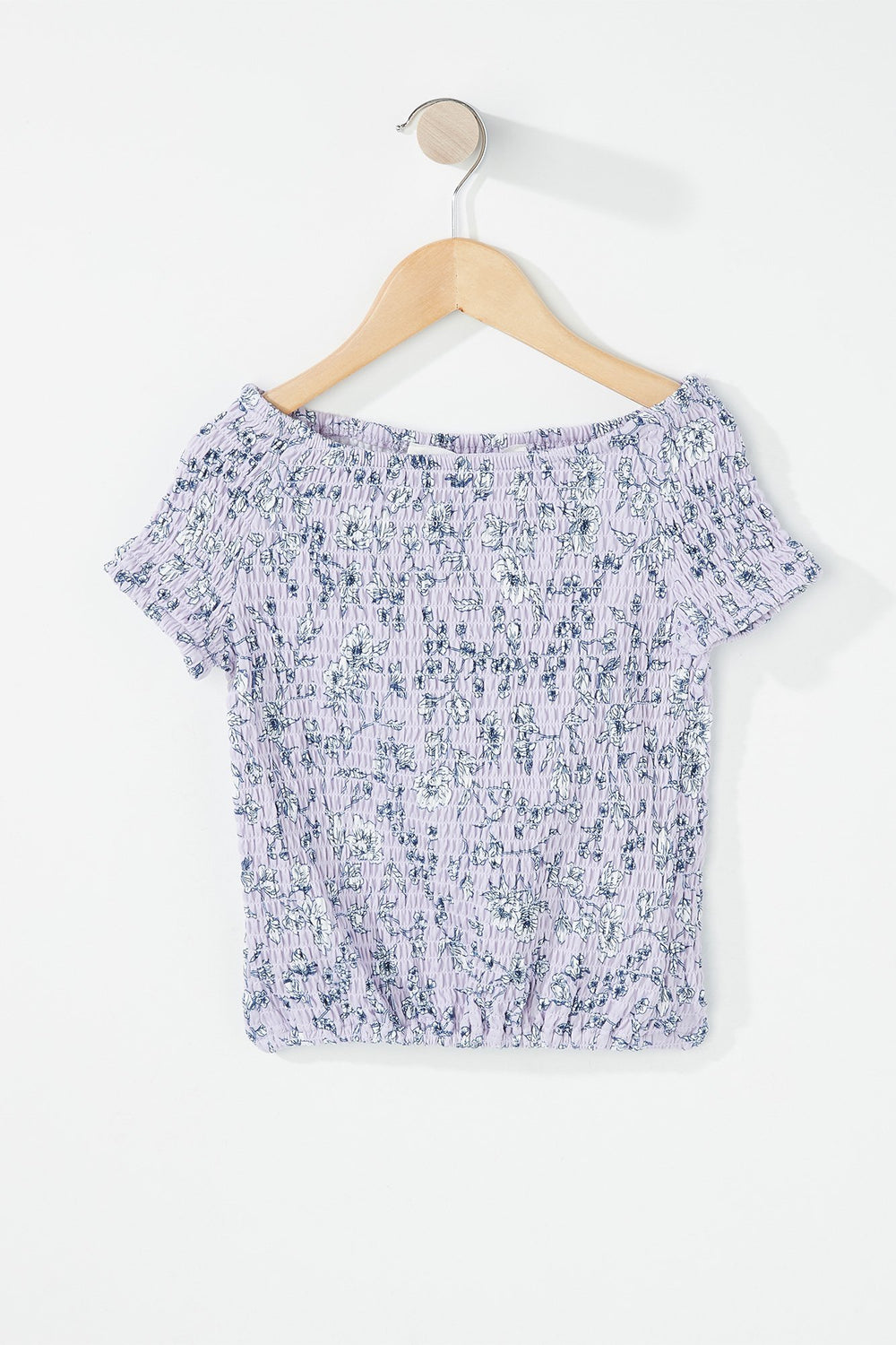Kids T-shirt smocké fleuri à épaules dénudées pour fille Lilas