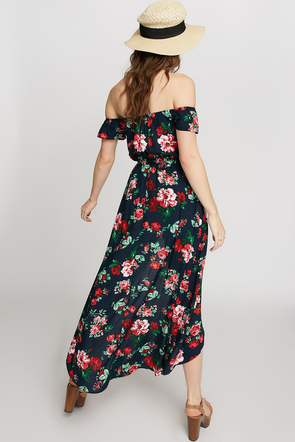 Women Combi-short fleuri à épaules dénudées Marine