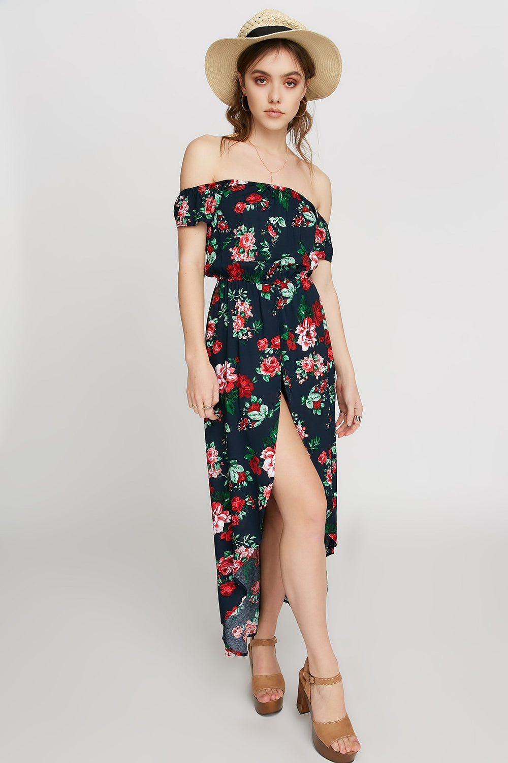 Women Combi-short fleuri à épaules dénudées Marine