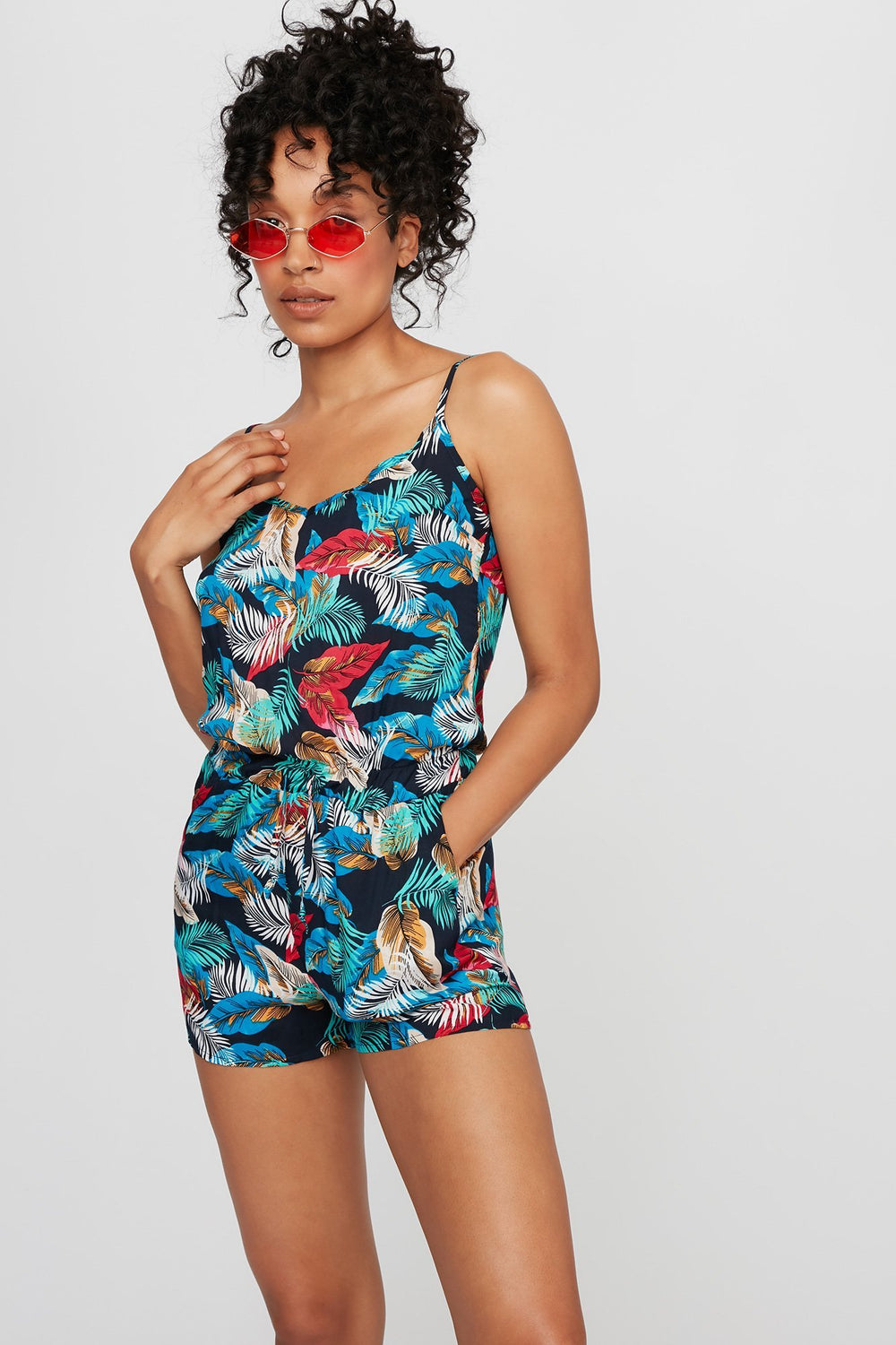 Women Combi-short fleuri à taille coulissante Marine