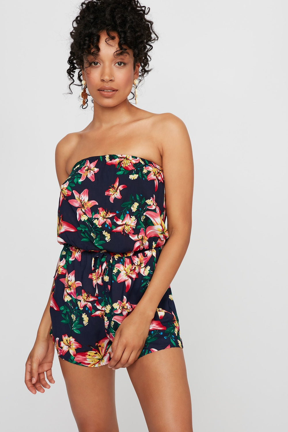 Women Combi-short sans bretelles fleuri à taille coulissante Marine