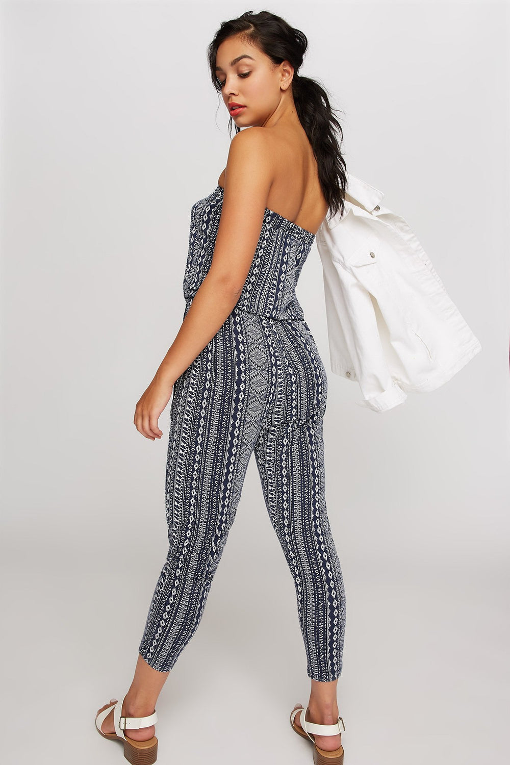 Women Combinaison sans bretelles à motif tribal et taille coulissante Marine