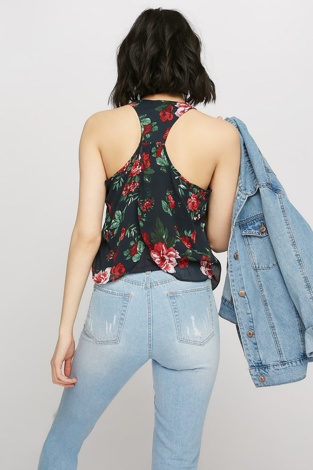 women Débardeur fleuri en mousseline à dos nageur et ourlet arrondi Marine