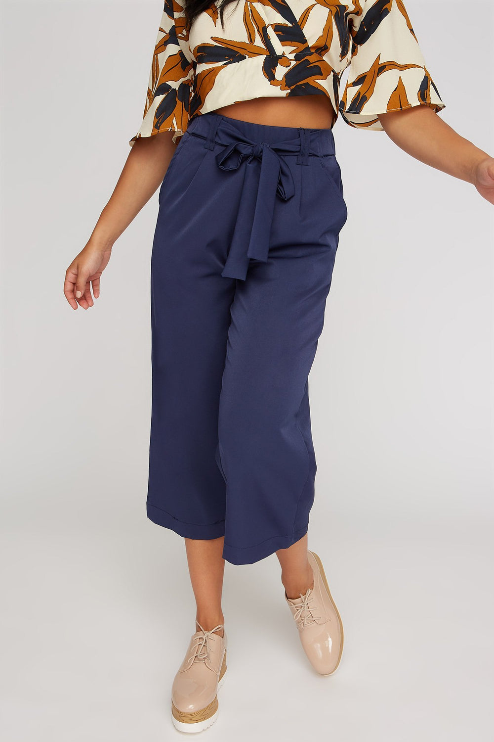 Women Jupe-culotte en satin à jambe large et taille haute avec attache Marine