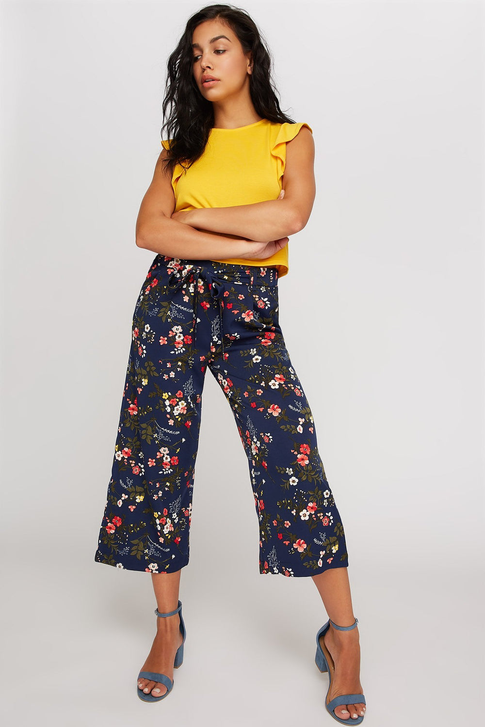 Women Jupe-culotte fleurie à taille haute avec attache Marine