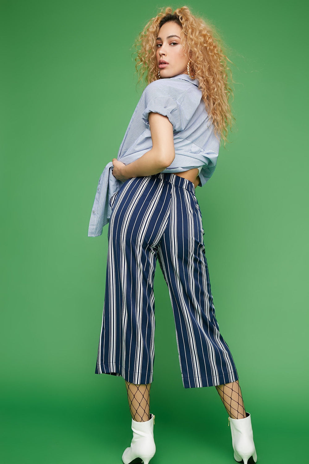 Women Jupe-culotte rayée à taille haute avec attache Marine