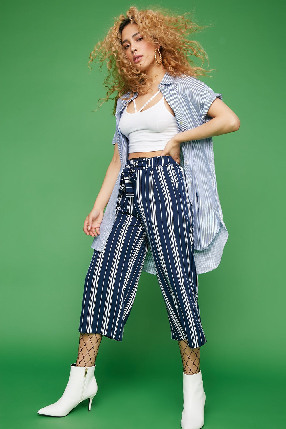 Women Jupe-culotte rayée à taille haute avec attache Marine
