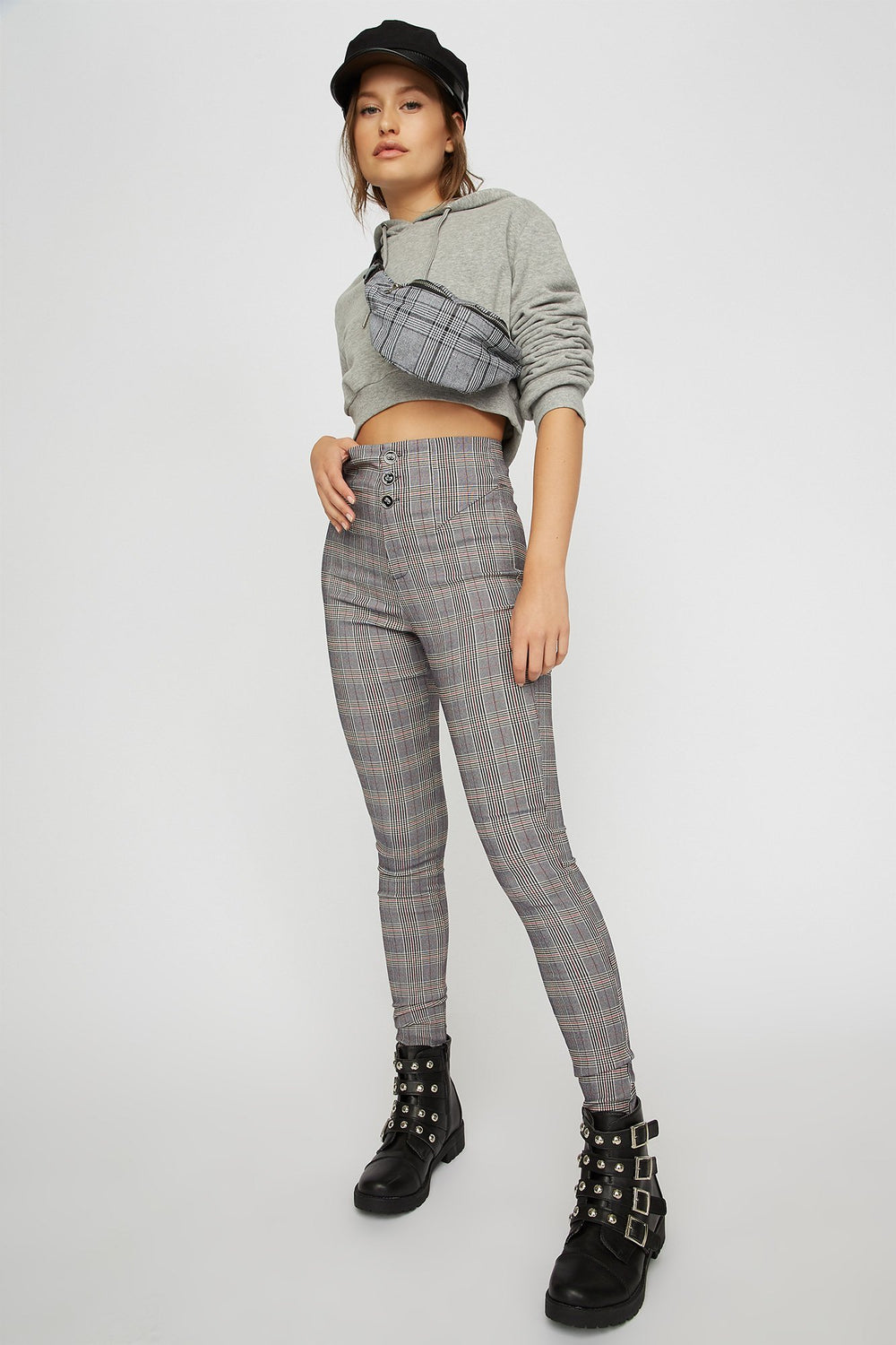 Women Pantalon étroit à carreaux avec patte de boutonnage triple Marine