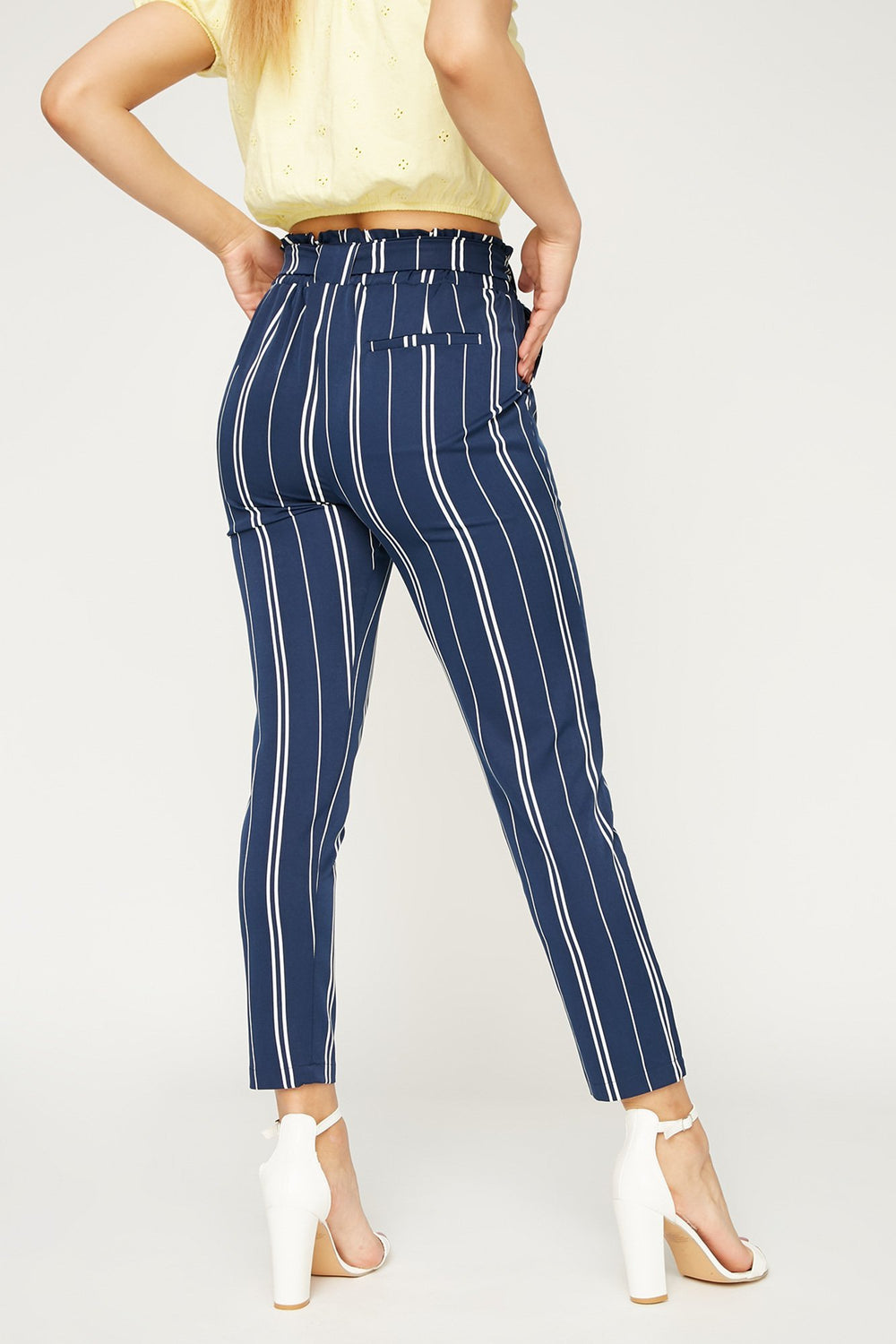 Women Pantalon imprimé à taille haute roulée avec attache Marine