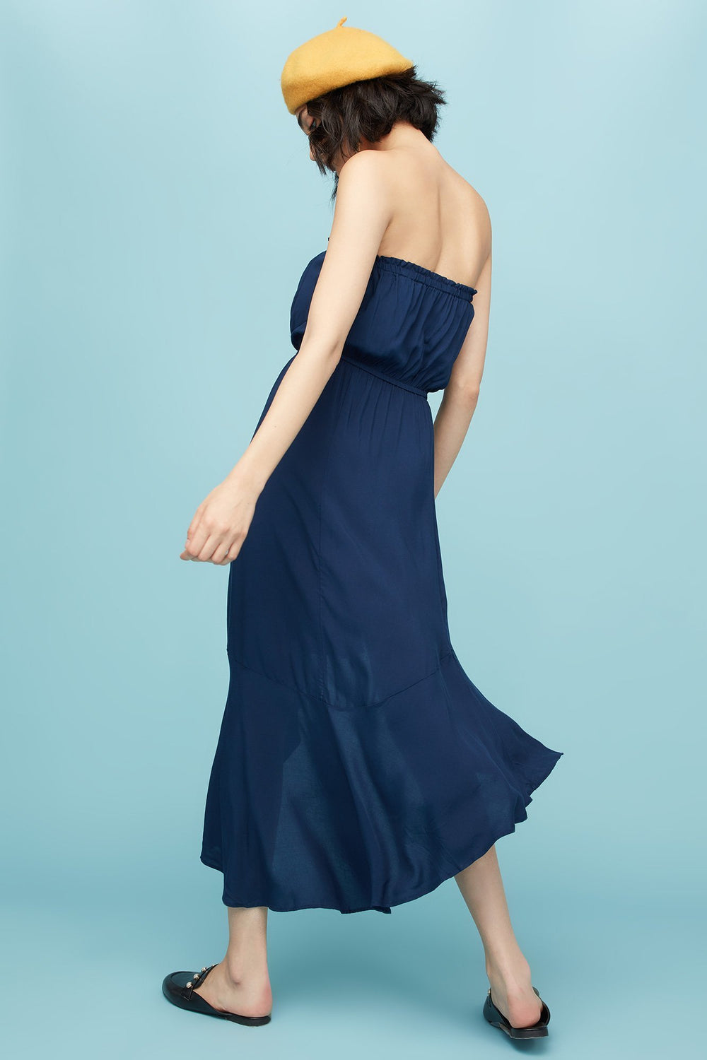 Women Robe midi asymétrique volantée sans bretelles Marine