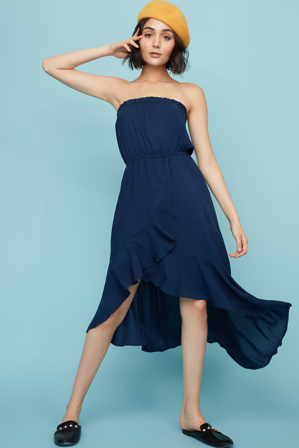 Women Robe midi asymétrique volantée sans bretelles Marine