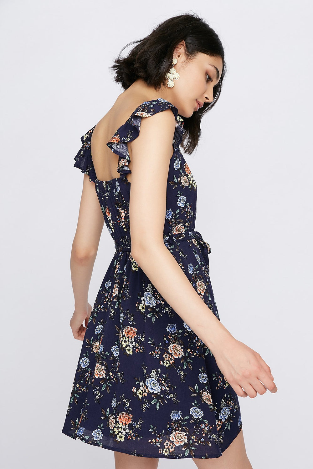 Women Robe volantée fleurie avec attache et ceinture Marine