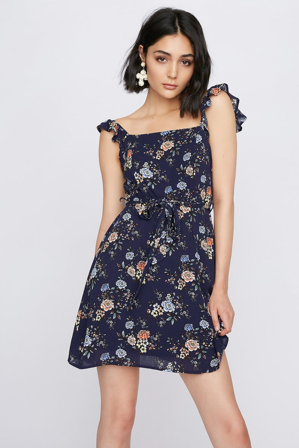 Women Robe volantée fleurie avec attache et ceinture Marine