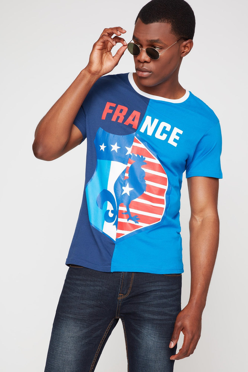 Men T-shirt à imprimé World Cup France avec encolure dégagée Marine