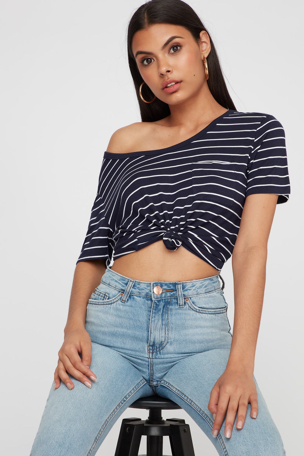 Women T-shirt court rayé à dos en T Marine
