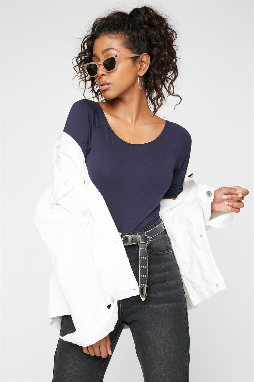 Women T-shirt croisé au dos à encolure arrondie Marine