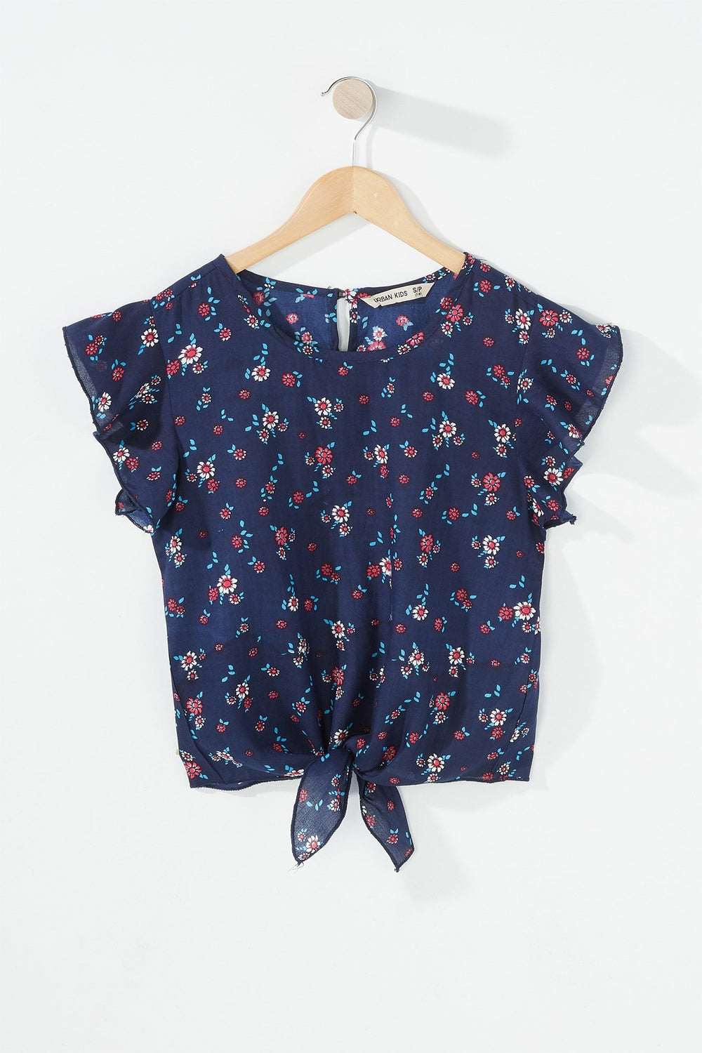 Kids Blouse volantée fleurie nouée devant avec attache pour fille Marine