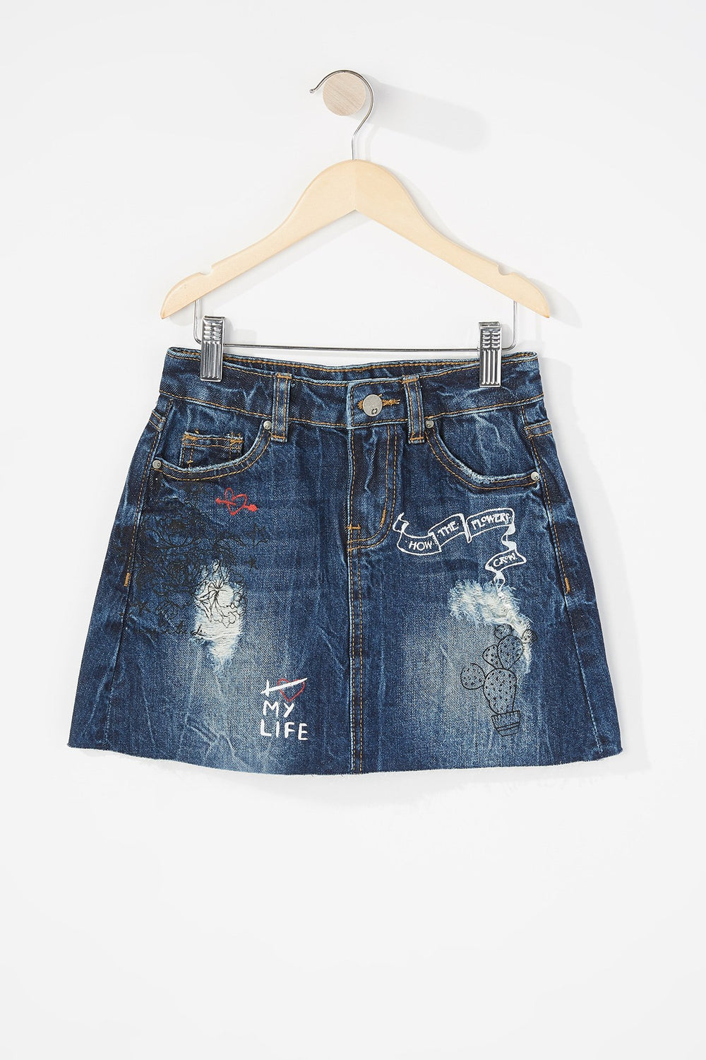 Kids Jupe en denim d'aspect usé imprimée à taille haute pour fille Marine