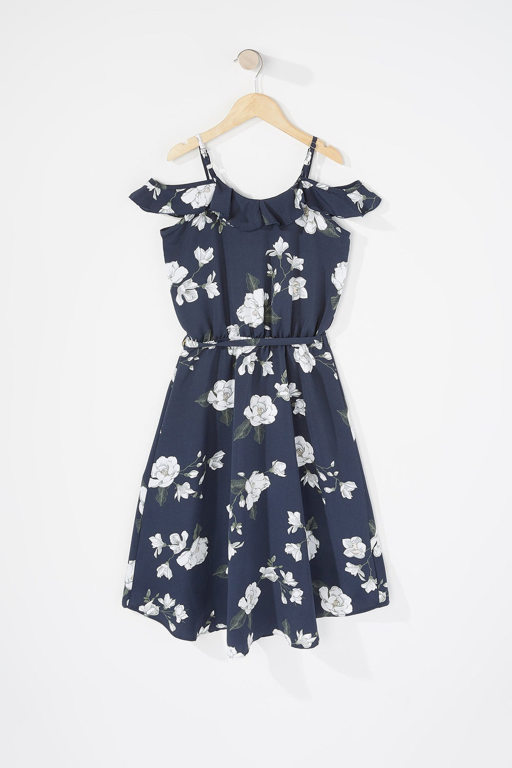 Kids Robe cache-cur volantée fleurie à épaules dénudées avec attache pour fille Marine