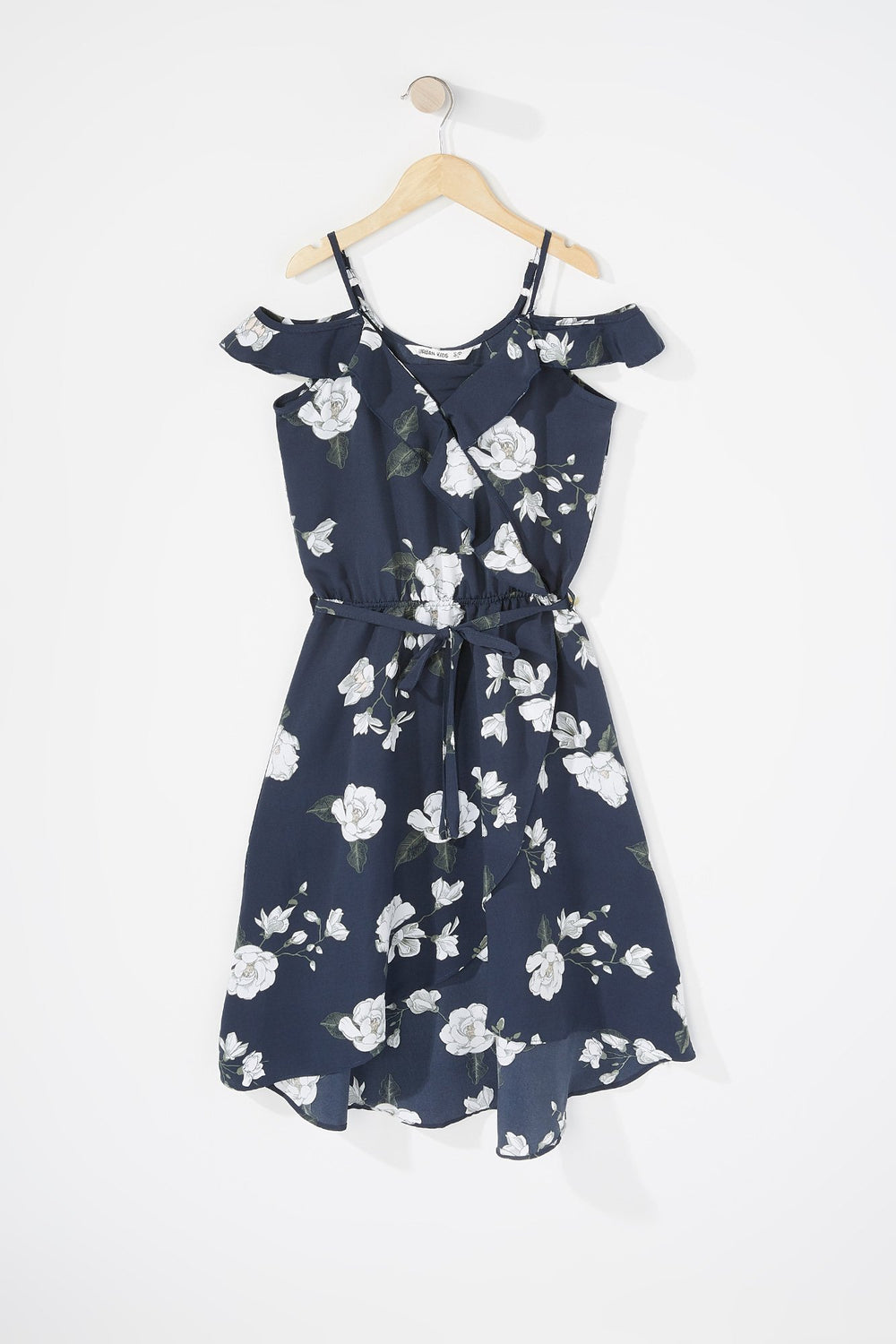 Kids Robe cache-cur volantée fleurie à épaules dénudées avec attache pour fille Marine