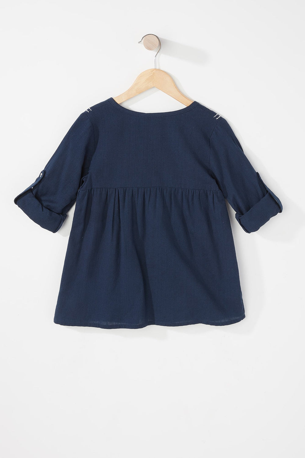 Kids Robe tissée à broderies florales avec revers roulés pour fille Marine