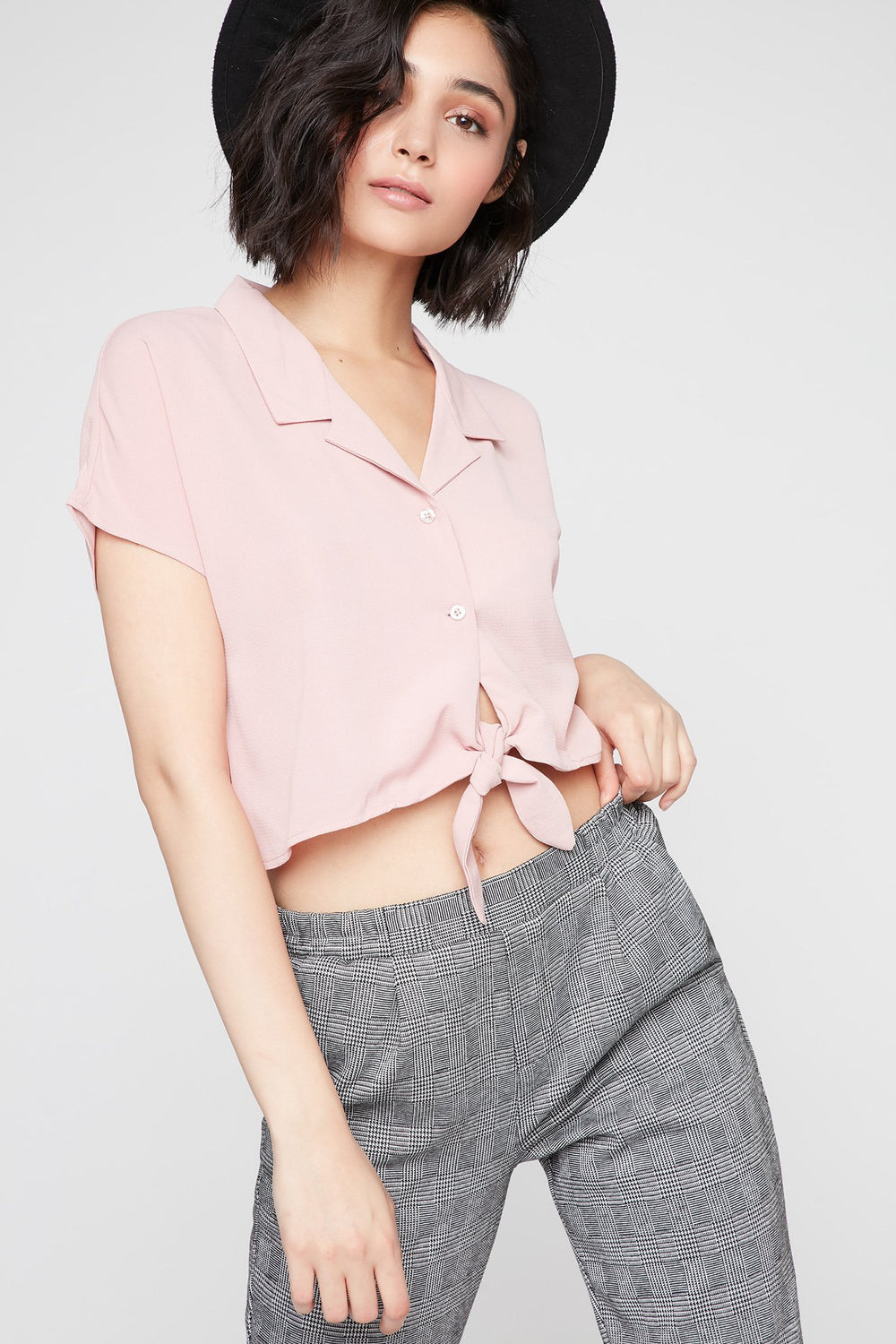 Women Button-Up Cropped Front-Knot Blouse Mauve