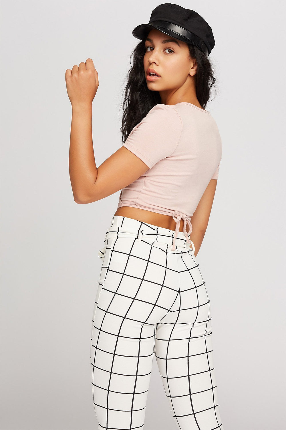 Women V-Neck Wrap Back-Tie Cropped T-Shirt Mauve