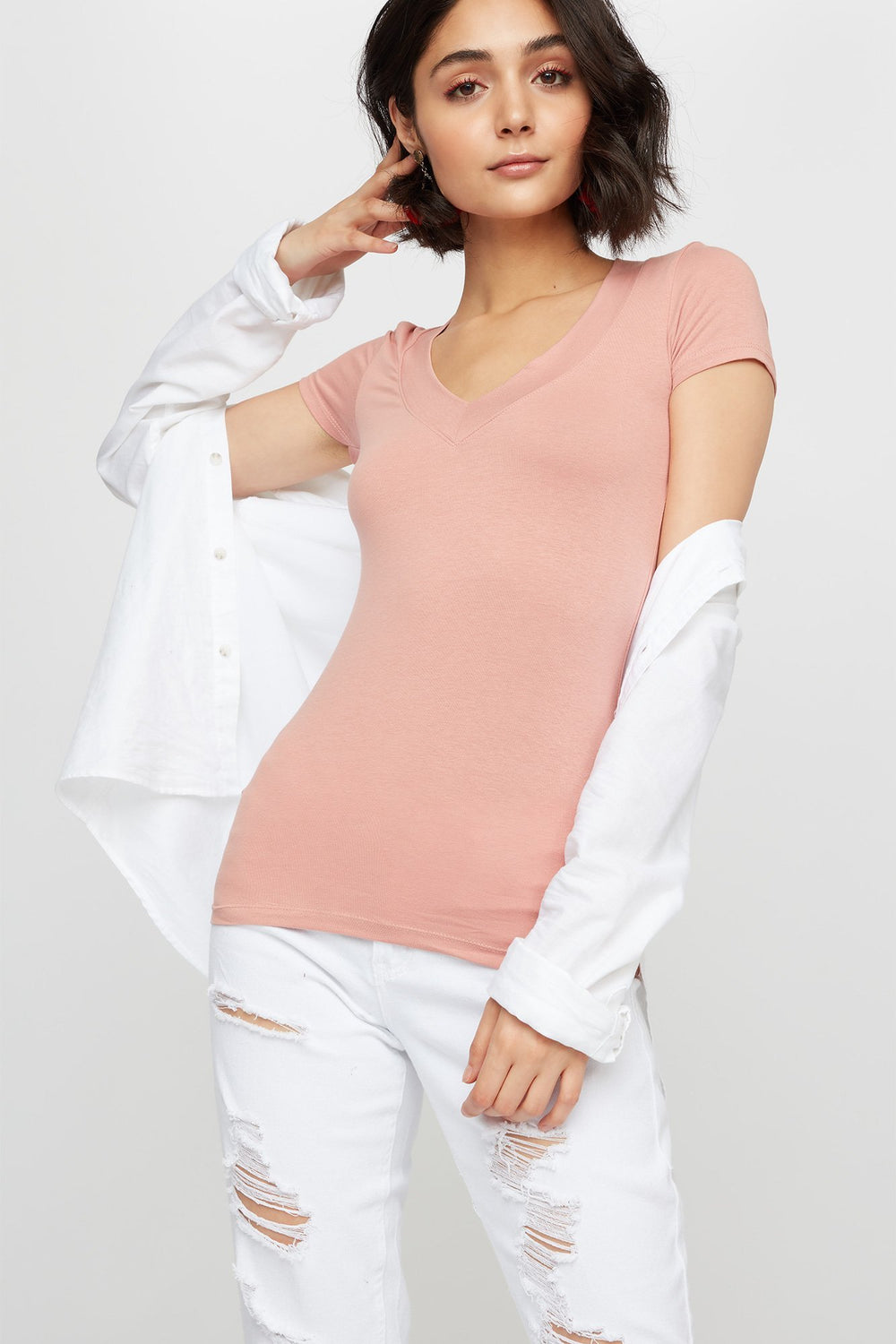 Women Basic V-Neck T-Shirt Mauve